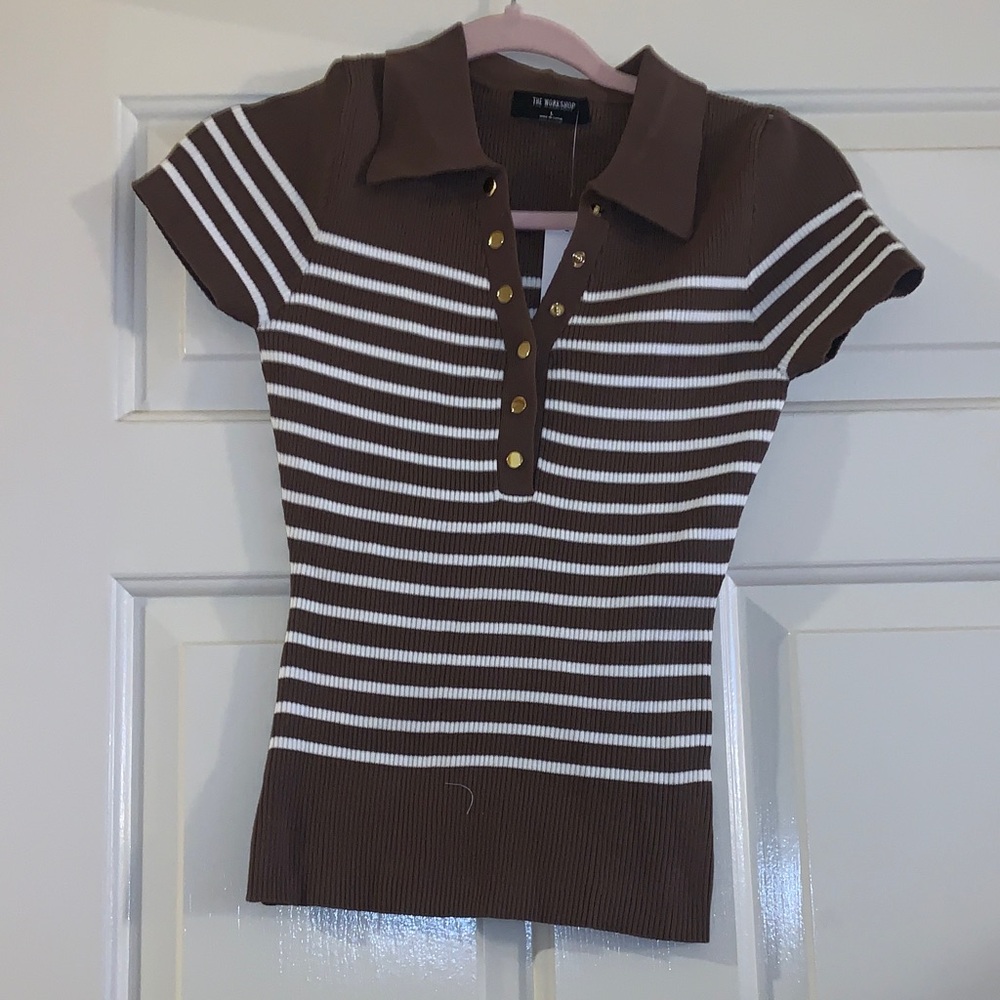 NWT THE WORKSHOP Striped Brown and White Button Down Shirt